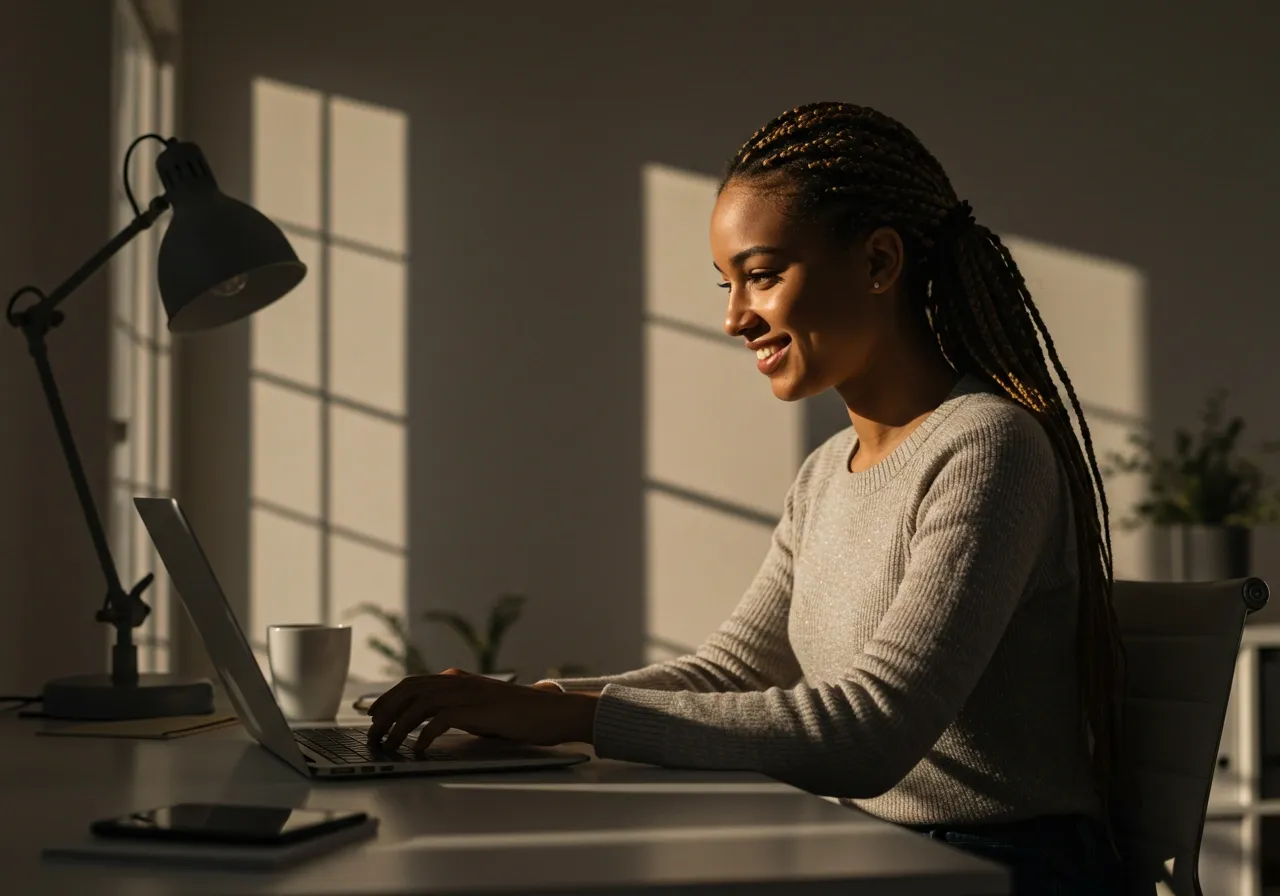 Smiling woman with braided hair using a laptop.